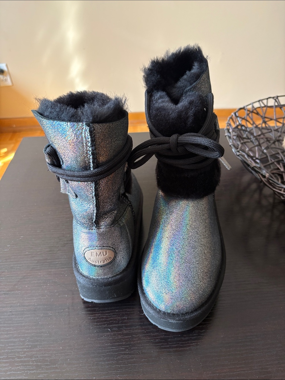 Mud Australia  Iridescent Black Shearling Lace-Up Boots
